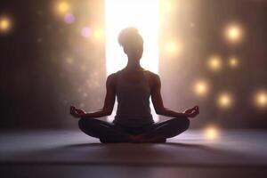 upptäckt fred inom kvinna mediterar i benen i kors yoga utgör ai genererad foto