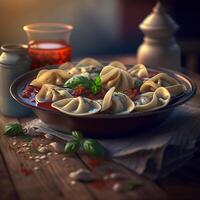 traditionell ryska pelmeni klimpar i buljong ai genererad foto