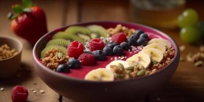 färgrik frukt och granola skål i en trä- skål ai genererad foto