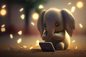 förtjusande liten elefant tittar på en film eller surfing de webb på en läsplatta ai genererad foto