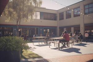 vibrerande hög skola lekplats fylld med Lycklig barn ai genererad foto