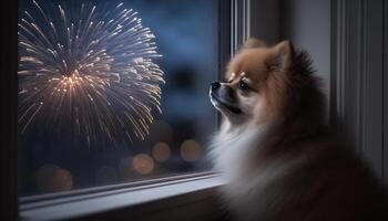 en söt pomeranian hund tittar på fyrverkeri från en fönster på ny år eve ai genererad foto