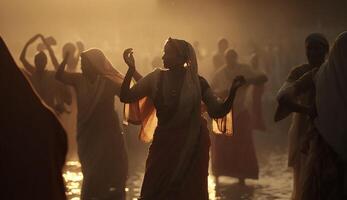 indisk pilgrimer badning i de ganges på skymning ai genererad foto