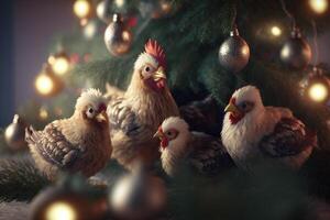 flock av kycklingar uppflugen på en jul träd ai genererad foto