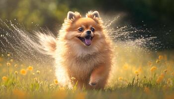 förtjusande pomeranian hund få sprutas förbi en vatten sprinkler i en äng ai genererad foto