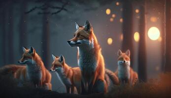 en packa av rävar roaming genom de skog på natt ai genererad foto