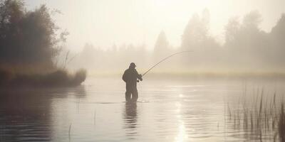 fiske på gryning fiskare i de dimmig sjö med fiske stång ai genererad foto