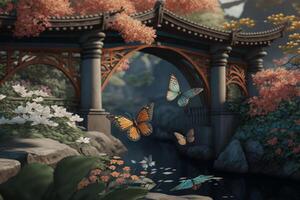 förtrollade kinesisk trädgård med fjäril bro, vatten och blommor, sagoliknande ai genererad foto