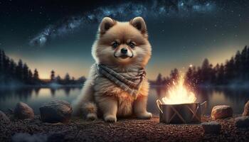 pomeranian pooch funderar de fantastiskt fredlig, ren skog brand ai genererad foto