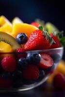 färgrik frukt sallad i en skål med blandad bär, kiwi, och mango ai genererad foto