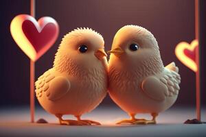 kärlek är i de luft två söt kycklingar fira hjärtans dag med en hjärta bakgrund ai genererad foto