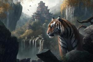 majestätisk kinesisk tiger bevakning de mystisk tempel ai genererad foto