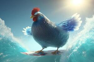 de surfing kyckling fångst vågor i de hav med stil ai genererad foto