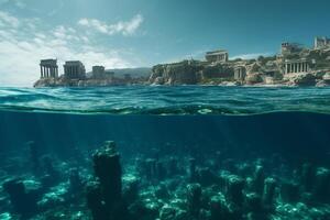 de mystisk nedsänkt stad en halvt nedsänkt se av atlantis i kristall blå vattnen ai genererad foto