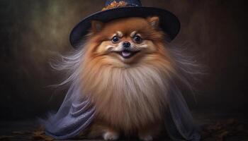 söt pomeranian hund klädd som en häxa för halloween ai genererad foto
