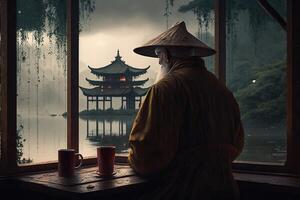 reflektioner av lugn ett äldre kinesisk man väger förbi de sjö i en te hus ai genererad foto