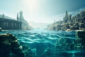 de mystisk nedsänkt stad en halvt nedsänkt se av atlantis i kristall blå vattnen ai genererad foto