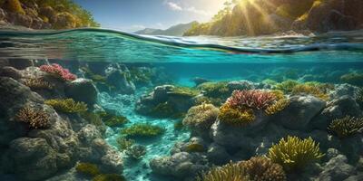färgrik korall rev med fisk i klar blå vatten, under vattnet fotografi ai genererad foto