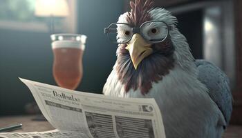 de smart kyckling läsning de dagligen Nyheter med glasögon ai genererad foto