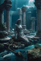 sjöjungfru skulptur i gammal ruiner landskap i mystisk blå atmosfär ai genererad foto