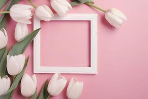 tömma vit bild ram med rosa tulpaner på en rosa bakgrund ai genererad foto