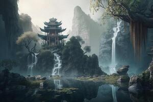 förtrollade kinesisk landskap majestätisk berg, cascading vattenfall, och mystisk grottor ai genererad foto
