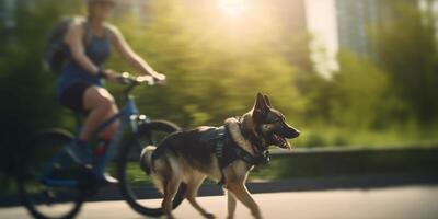 hund nöjestur hund löpning vid sidan av ägare på cykel väg i stad ai genererad foto