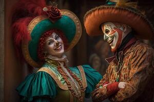 fira karneval i Venedig människor i festlig masker och kostymer ai genererad foto