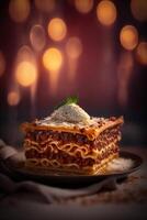 utsökt italiensk specialitet lasagne med färsk basilika och ost ai genererad foto