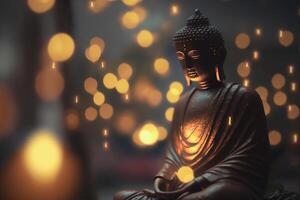 närbild av gyllene buddha staty med bokeh bakgrund ai genererad foto