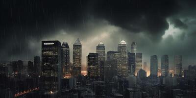 finansiell storm stad horisont under Bank springa med åska och blixt- ai genererad foto