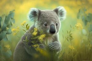 koala sitter på en grön äng i vår bland blommor ai genererad innehåll foto