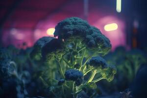 odling av broccoli under artificiell uv ljus för maximal tillväxt ai genererad foto