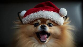 festlig pomeranian valp påklädning en röd och vit santa hatt ai genererad foto