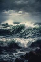 stormig hav vågor en målning av dramatisk vågor i en storm ai genererad foto
