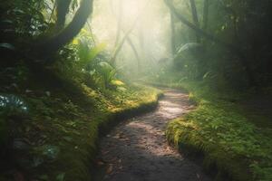 vandrande genom de frodig regnskog en väg mindre reste ai genererad foto