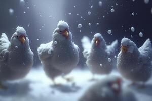 flock av rolig kycklingar har roligt i de snö ai genererad foto