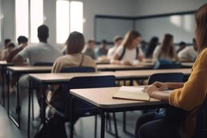 fokuserade sinnen hög skola studenter inlärning i en ljus klassrum ai genererad foto