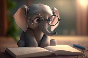 de bokmal elefant en söt liten elefant läsning en bok med glasögon ai genererad foto