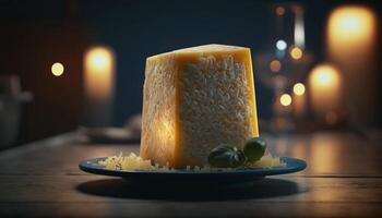 äkta italiensk parmesan ost på rustik trä- tabell ai genererad foto