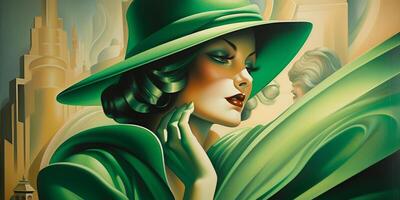 de konst deco lady i grön en porträtt av en Häftigt blond skönhet från de 1920 ai genererad foto