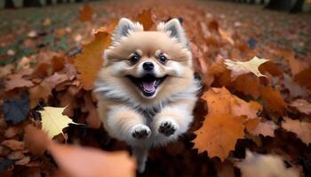 söt pomeranian hund spelar i en lugg av höst löv ai genererad foto