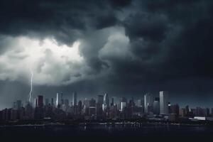 finansiell storm stad horisont under Bank springa med åska och blixt- ai genererad foto