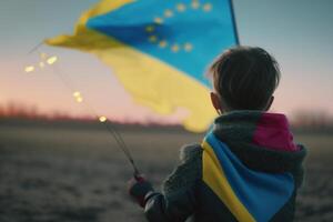 flygande frihet en pojke flygande en ukrainska flagga drake, symboliserar frihet och enhet ai genererad foto