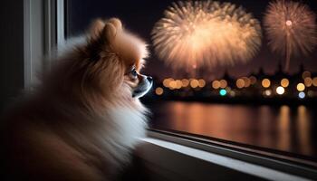 en söt pomeranian hund tittar på fyrverkeri från en fönster på ny år eve ai genererad foto