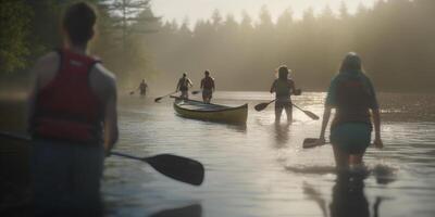 utforska de utomhus grupp vandring och camping förbi de flod med ryggsäckar ai genererad foto