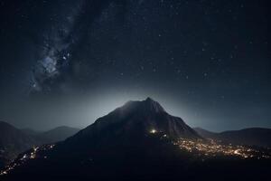 nattetid lugn snöig berg topp under starry himmel ai genererad foto