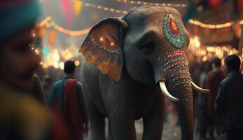 de gyllene Utsmyckad indisk elefant en majestätisk visa av kultur och tradition ai genererad foto