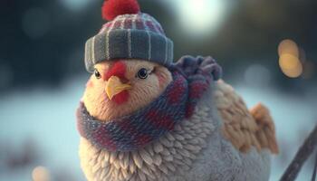 vinter- sagoland en rolig kyckling i en scarf och hatt i de snö ai genererad foto