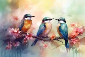 mycket liten fåglar på en gren med rosa blommar, en vattenfärg målning ai genererad foto